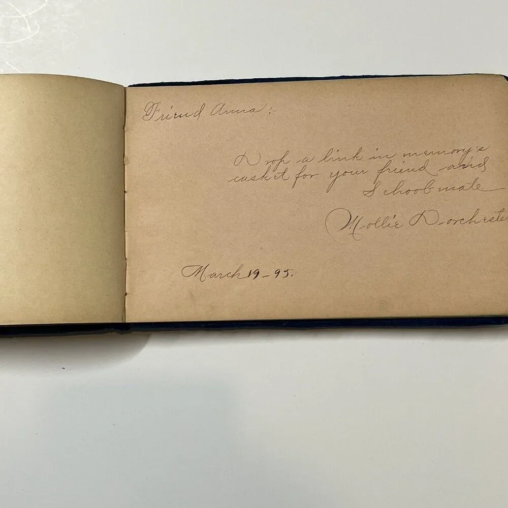 1880s Antique AUTOGRAPH ALBUM Blue Velvet Cover Anna J. Nelson Blooming Prairie